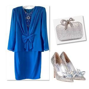 URSULA SWITZERLAND VINTAGE BLUE BEADED DRAPED BOW SHEATH DRESS PETITE 4